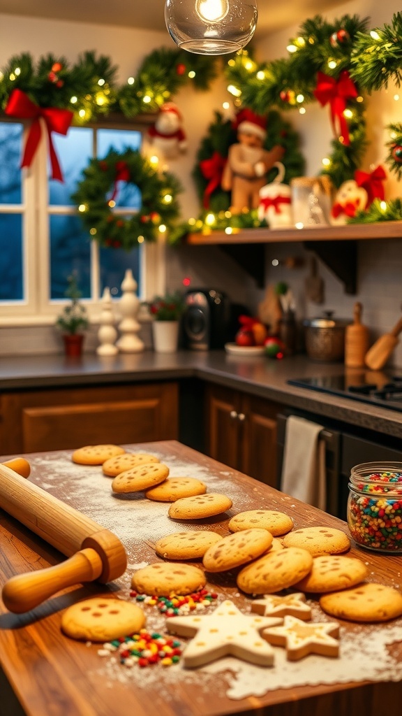 A festive kitchen with Christmas cookies, decorations, and a rolling pin, creating a warm holiday baking scene.